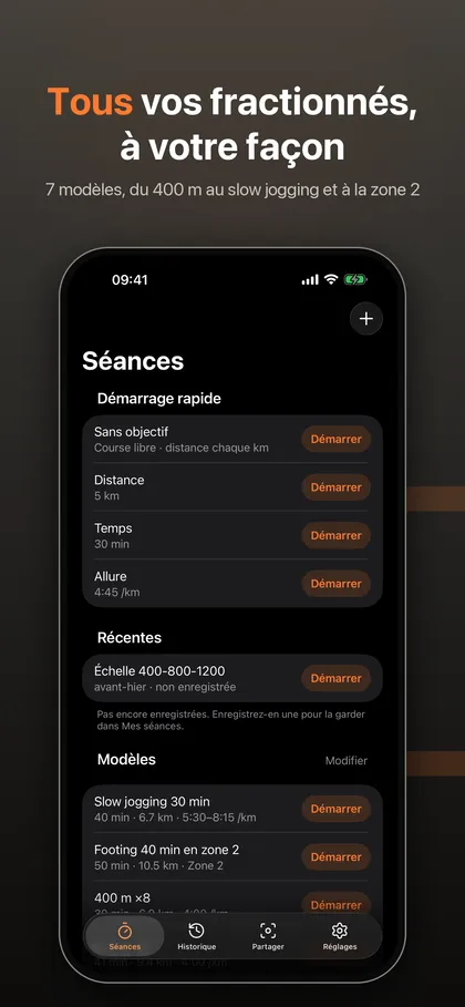 Liste des séances d'IntervalRunner avec démarrage rapide, séances récentes et modèles comme slow jogging 30 min et footing 40 min en zone 2