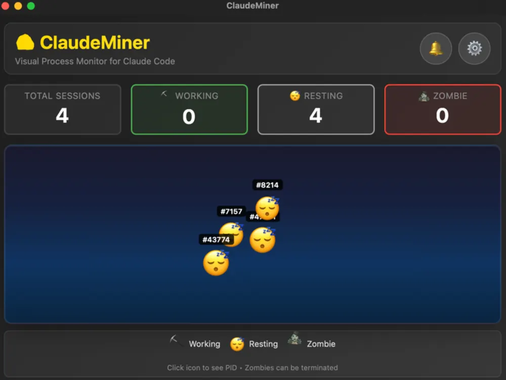 ClaudeMiner 창. 상단에 전체 세션 4, 작업 중 0, 휴식 4, 좀비 0 카운터가 있고 가운데 영역에 PID 번호가 붙은 자는 얼굴 아이콘 4개가 겹쳐 있다
