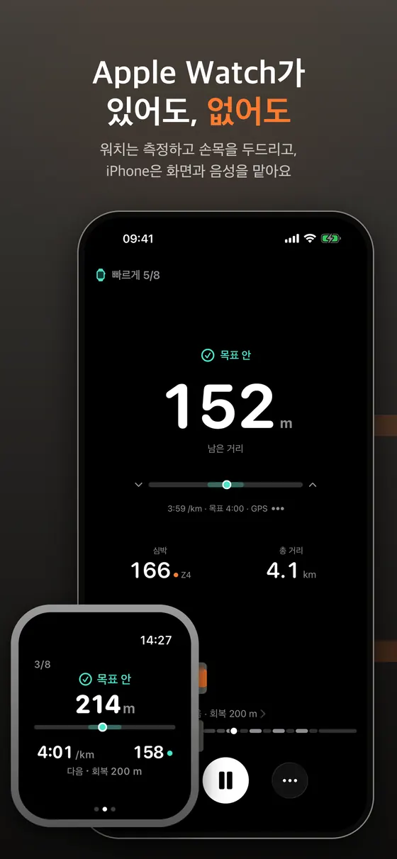 iPhone 러닝 화면과 Apple Watch 화면이 함께 나온 이미지. 둘 다 빠르게 5/8 구간 진행 중이며 목표 안, 남은 거리 152m와 페이스 막대가 같은 상태로 표시된다