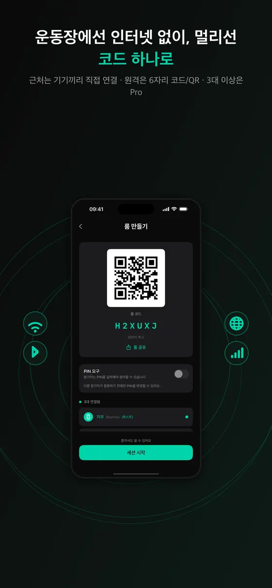 LapLync 룸 만들기 화면. QR 코드와 6자리 룸 코드 H2XUXJ, PIN 요구 스위치, 3대 연결됨 목록, 세션 시작 버튼이 보인다
