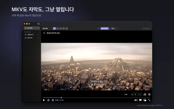slplayer 재생 창. 왼쪽 사이드바와 MKV 영상 위에 한국어 자막이 표시되고 아래에 재생 조작 막대가 있다. 상단에 