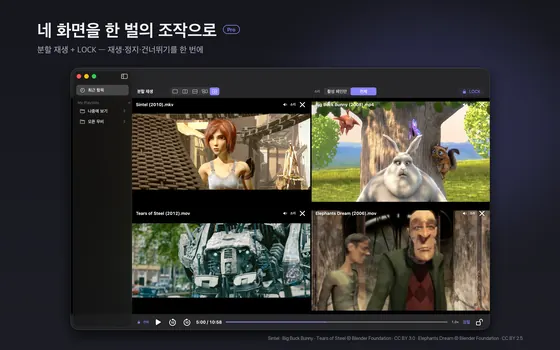 slplayer 분할 재생. 영상 네 개가 2×2로 나란히 재생되고 Pro 배지와 LOCK 표시가 있다